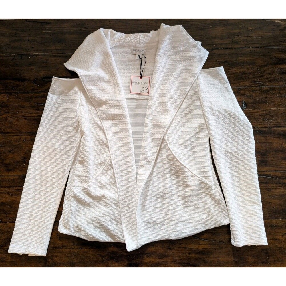 NWT Bisou Bisou L White Cold Shoulder Blazer Cardigan Jacket Textured Knit